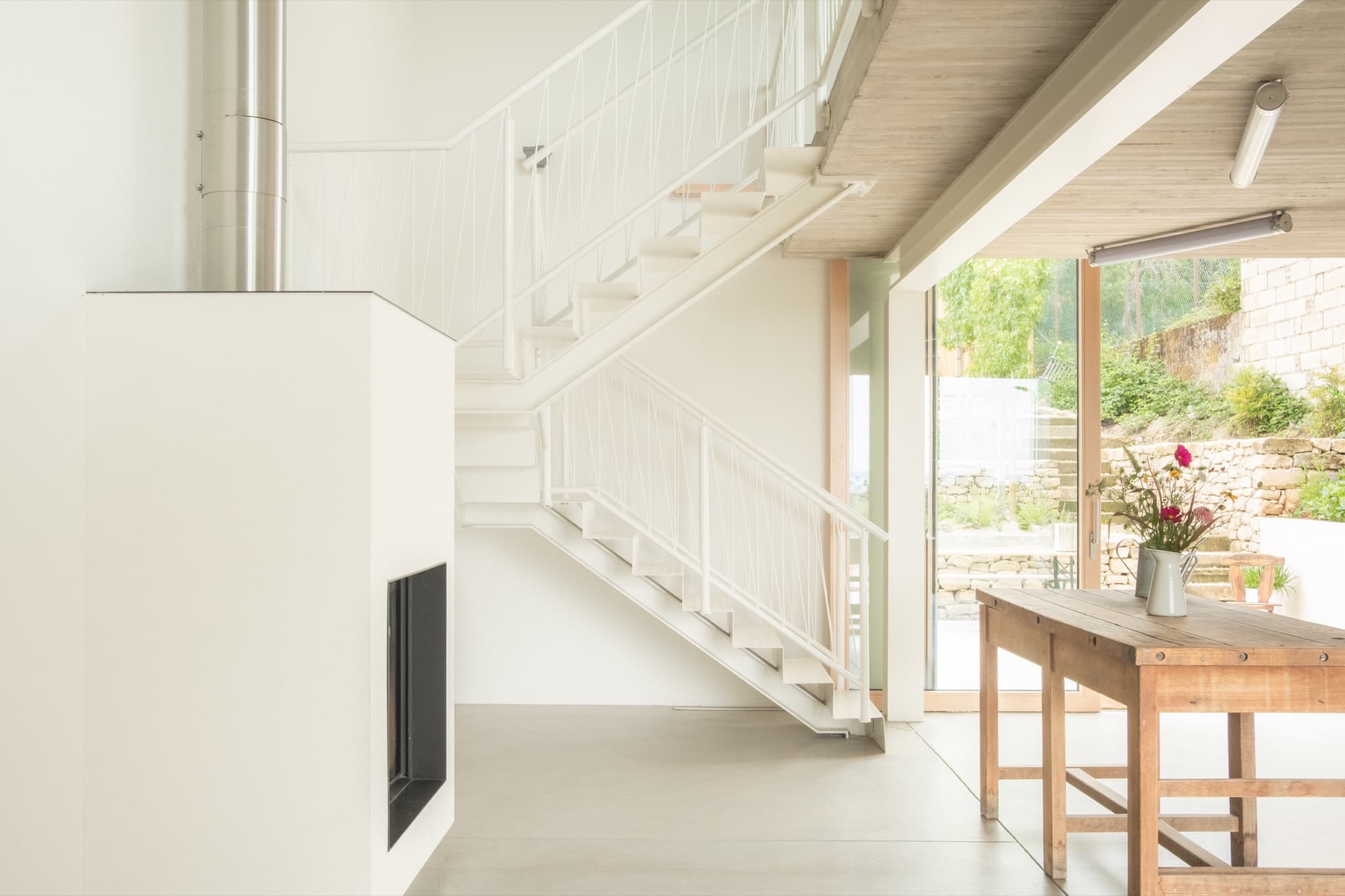 Staircase and fireplace