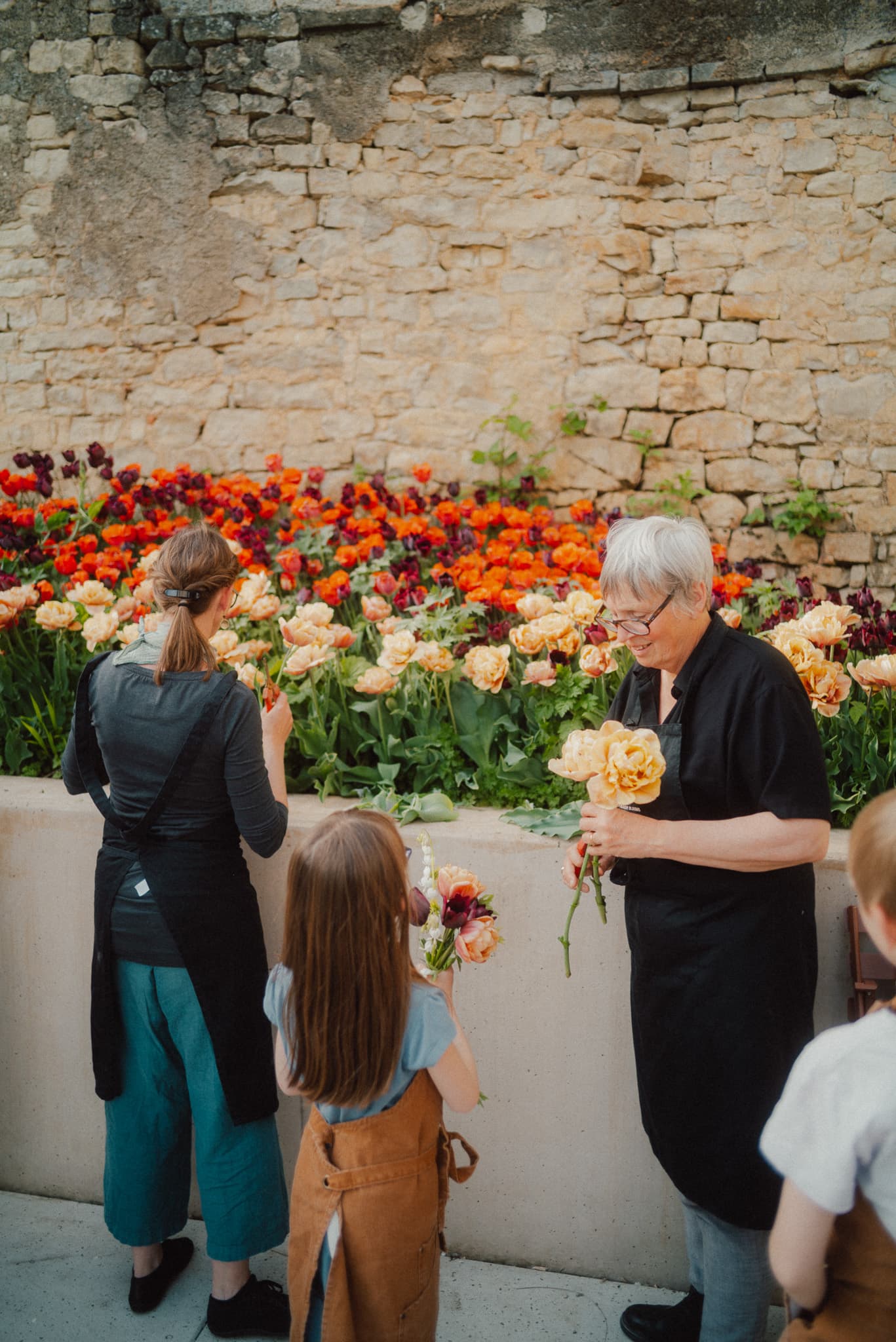 Blumen pflücken an der Steinmauer